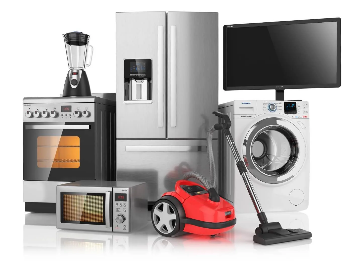 Home appliances including a refrigerator, washing machine, oven and television