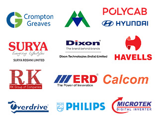 Customer logos: Crompton Greaves, Polycab, Hyundai, Surya Roshni, Dixon Technologies, Havells, RK Group, ERD, Calcom, Overdrive, Philips, Microtek