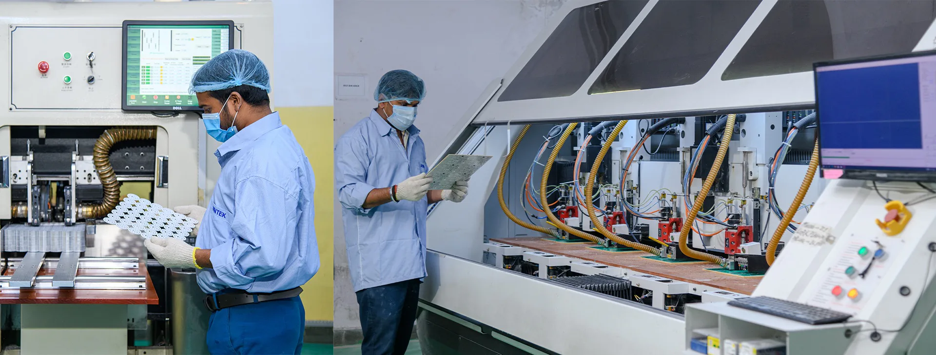 Operators at automated PCB machines in the Vintek Circuits plant